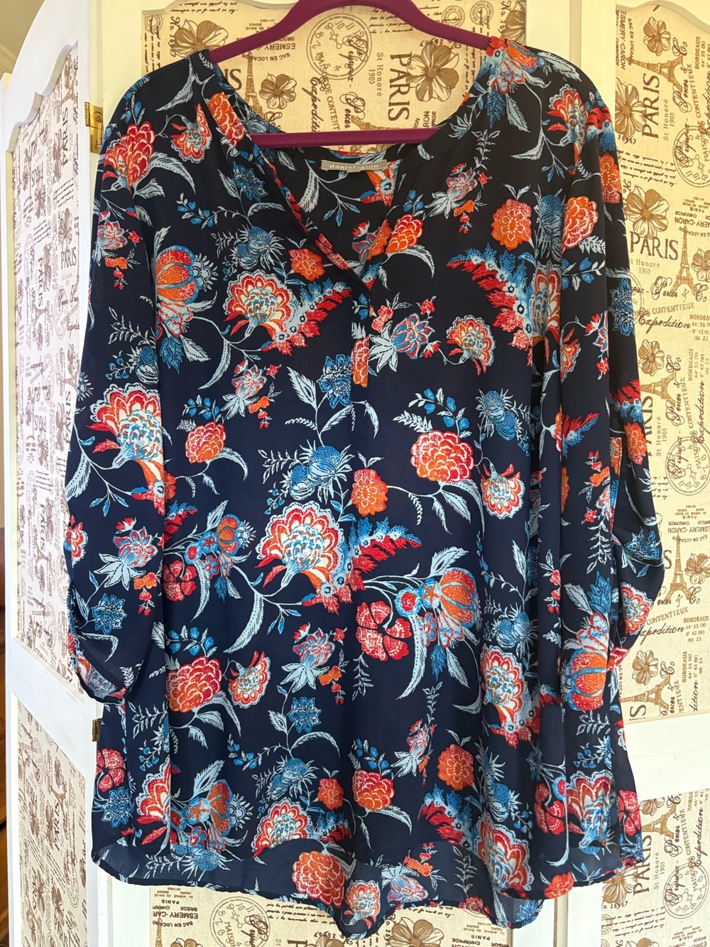 Daniel Rainn Navy Floral V-Neck Blouse with Red & Light Blue Print